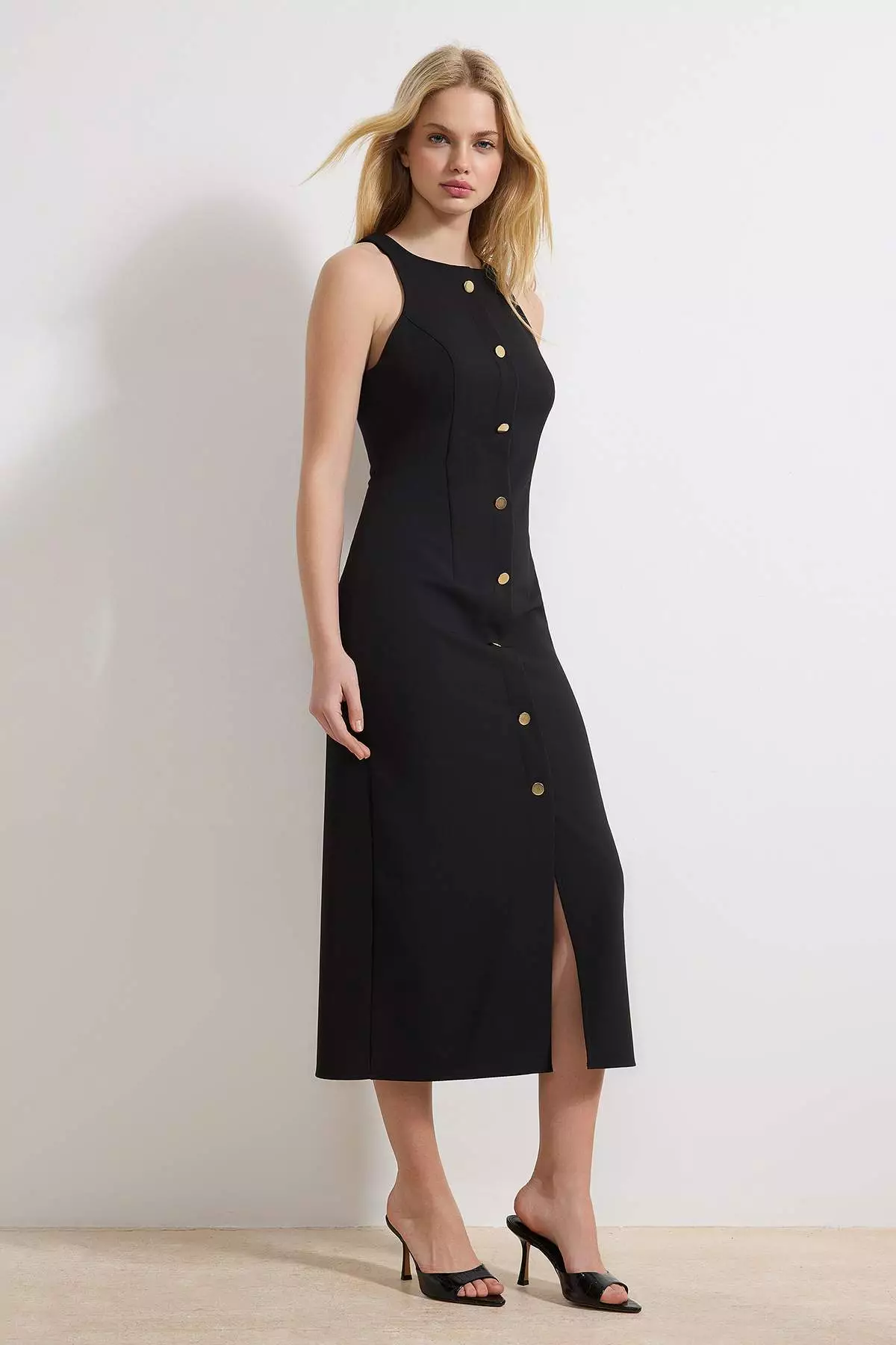 Black Button Detailed Midi Woven Dress Twoss26El83