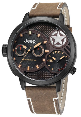 Jeep Wrangler Series JPW65202 Multifunction Watch Black Brown Leather