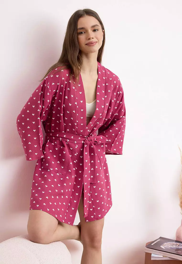Plum 1% Cotton Heart Belted Muslin Woven Dressing Gown Thmss25Sb