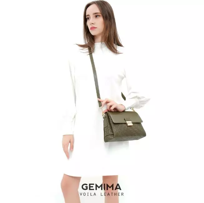 Medium Tote Selempang Anyam Kulit Asli Voila Gemima Green