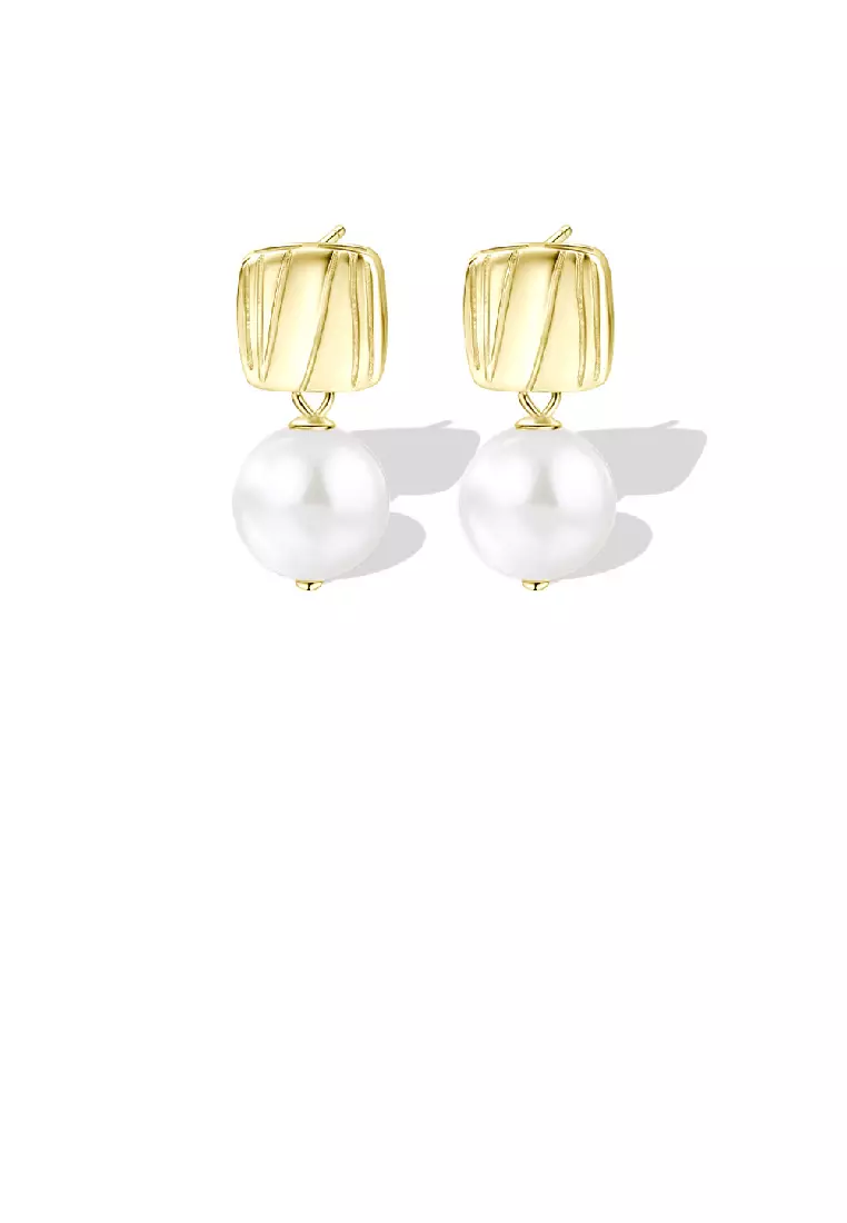 925 Sterling Silver Plated Gold Fashion Simple Line Geometric Square Earrings with Freshwater Pearls