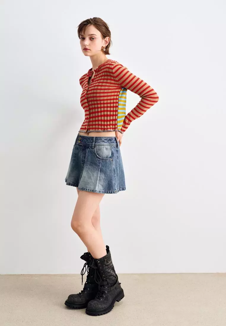 High Waist Washed Denim Double Button Pleated Skirt