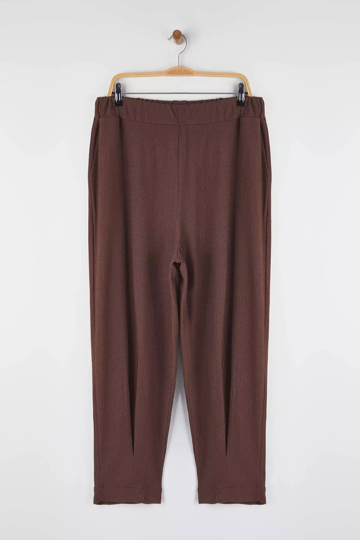 Brown Carrot Fit Elastic Waist Knitted Plus Size Trousers
