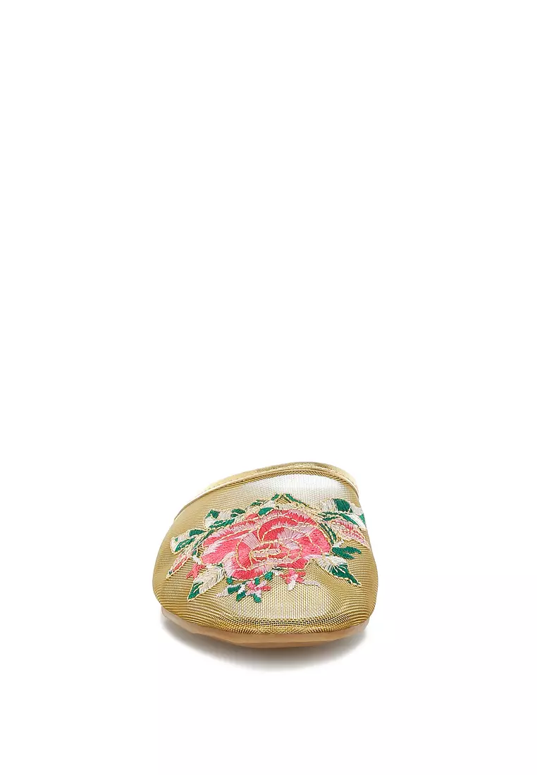 Floral Embroidered Mesh Mules in Gold