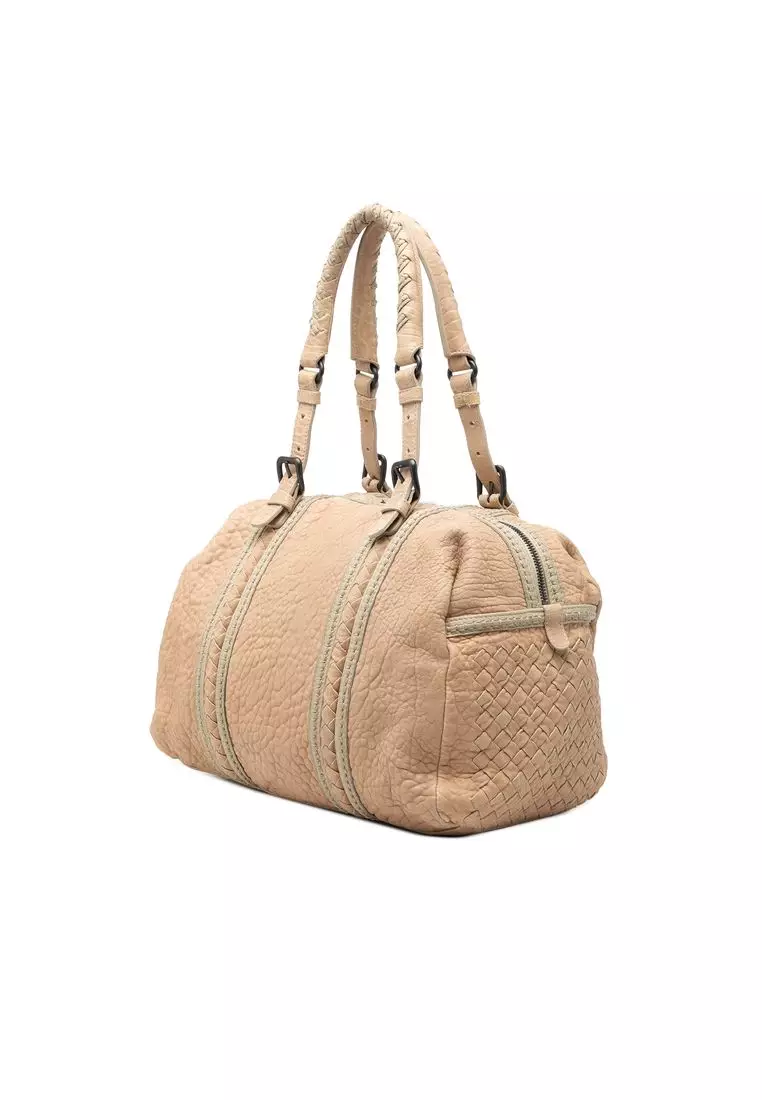 Pre-Loved Bottega Veneta Intrecciato Trimmed Pebbled Lambskin Top Handle Bag