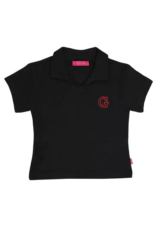 Girls Short Sleeve Polo Crop Top with Embroidery