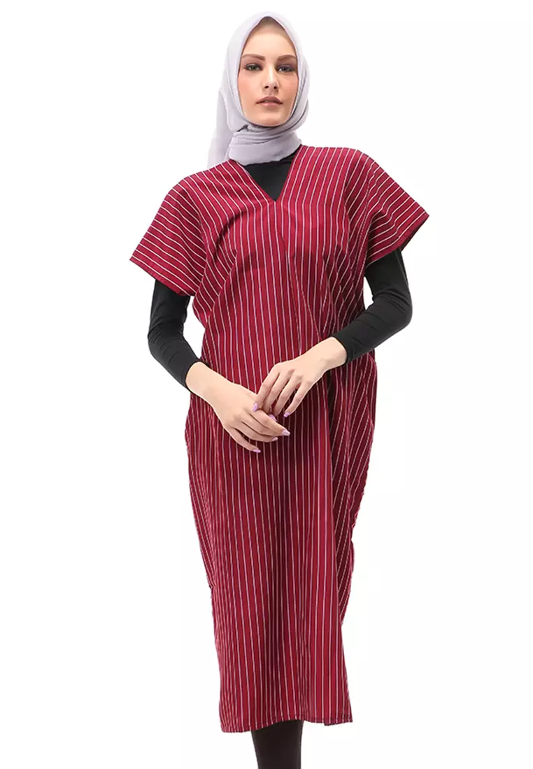 Lolita Long Dress Wanita Kerah V Neck Motif Stripe Free Cuff Regular Fit - Maroon
