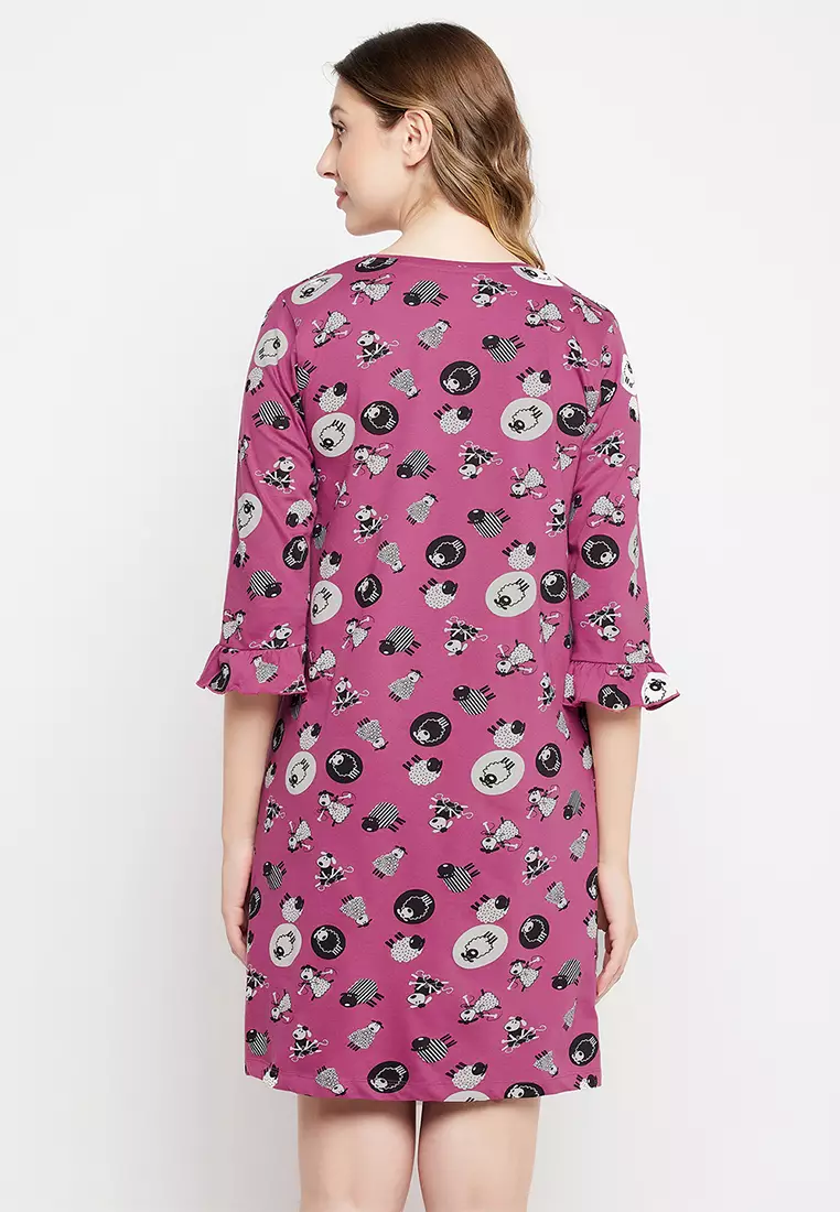 Clovia Sheep Print Long Sleep Tee in Mauve - 100% Cotton