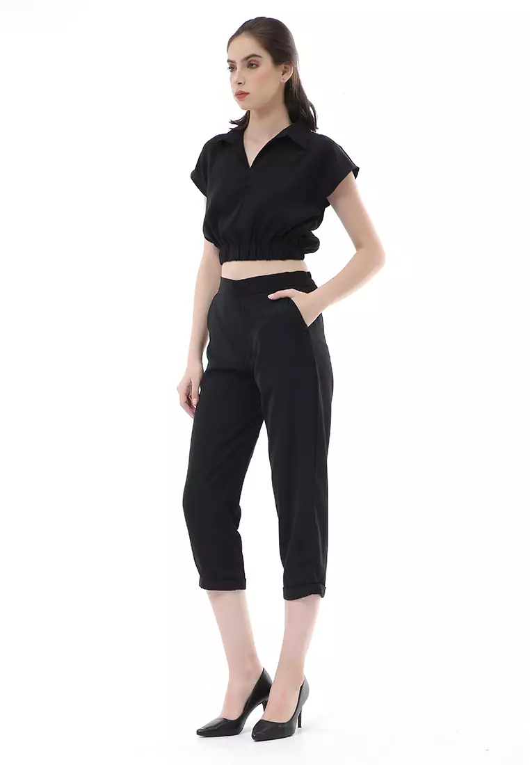 Nayra One Set Setelan Atasan Crop Karet Lengan Pendek Basic Pants Wanita Material Dolce ORIGINAL - Black