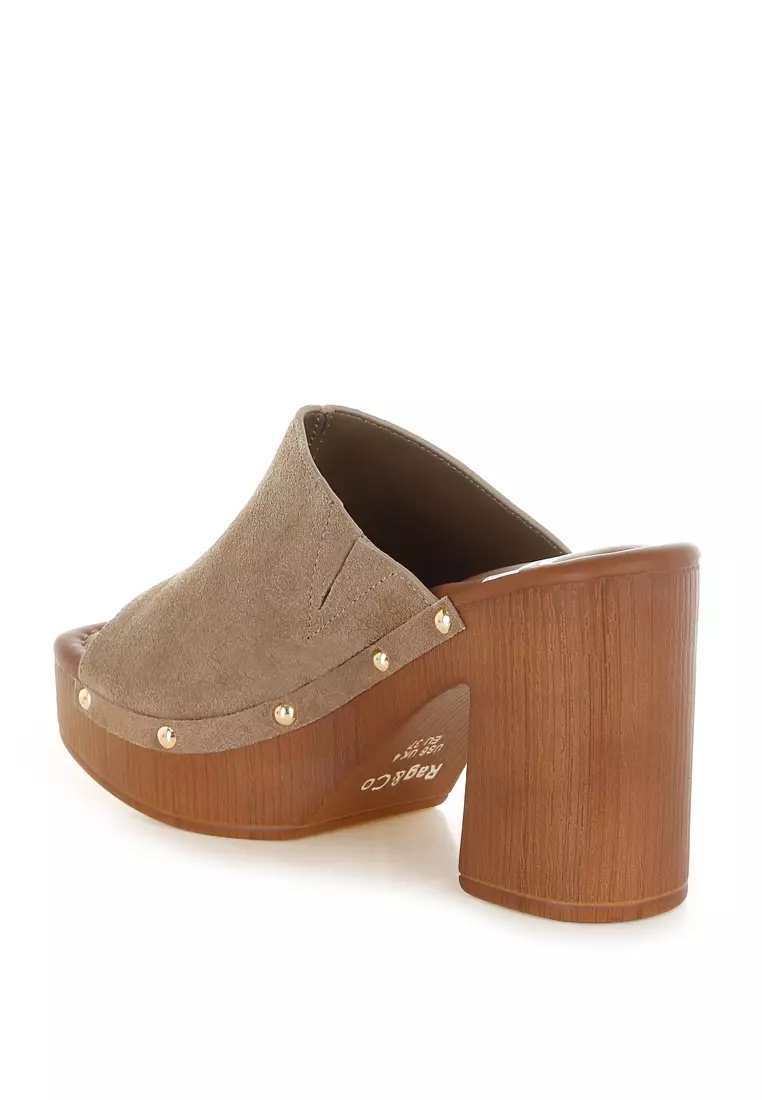 Soft Suede Leather Wooden Clogs In Taupe