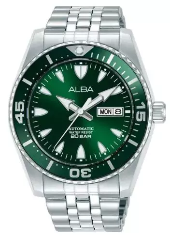 Jam Tangan Pria Alba AL4767 AL4767X1 Automatic Strap Stainless Steel Silver Color Men Sunburst Green Dial Original Garansi Resmi