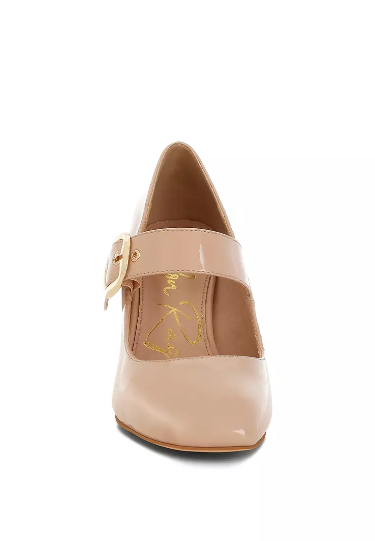 Sandal Mary Jane Hak Blok Warna Beige