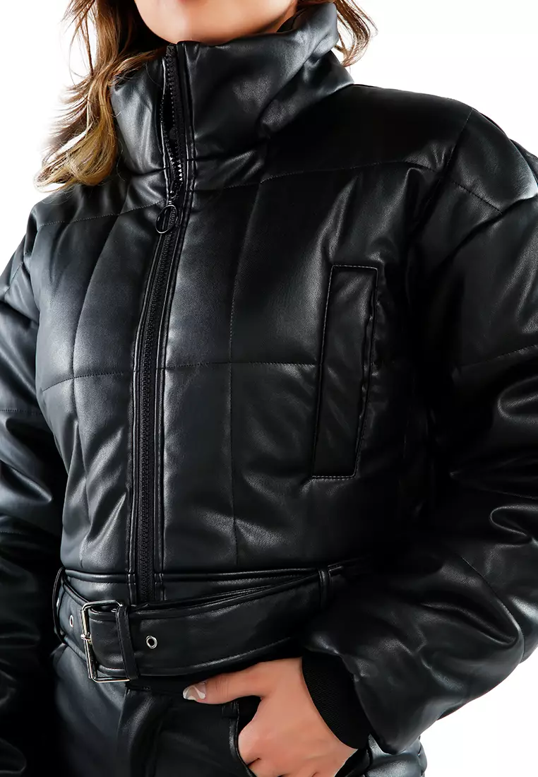 Black Cropped Belted Puffer Jacket
