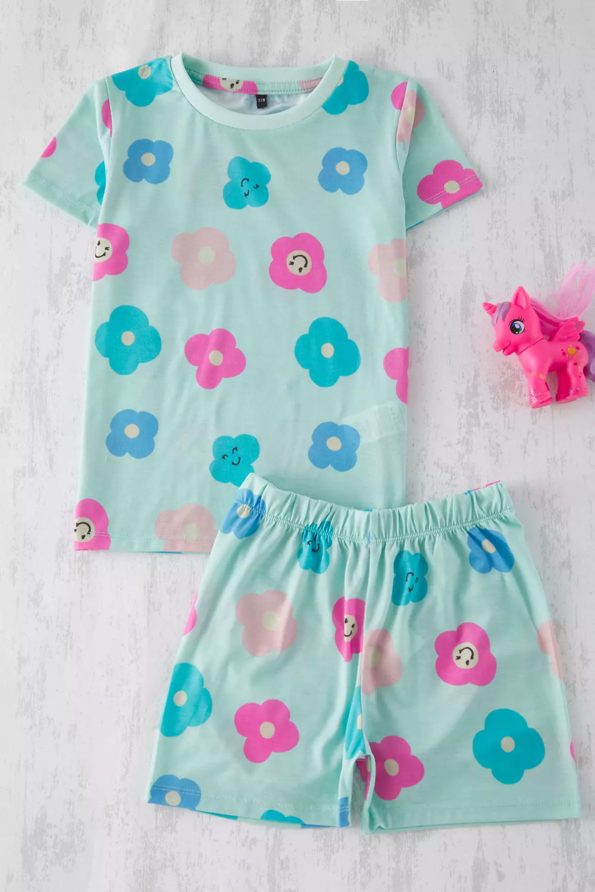 Pink-Mint 4Pcs Girl Floral Pattern Short Sleeve T-Shirt-Shorts Pajamas Set Tkdss25Pt00020