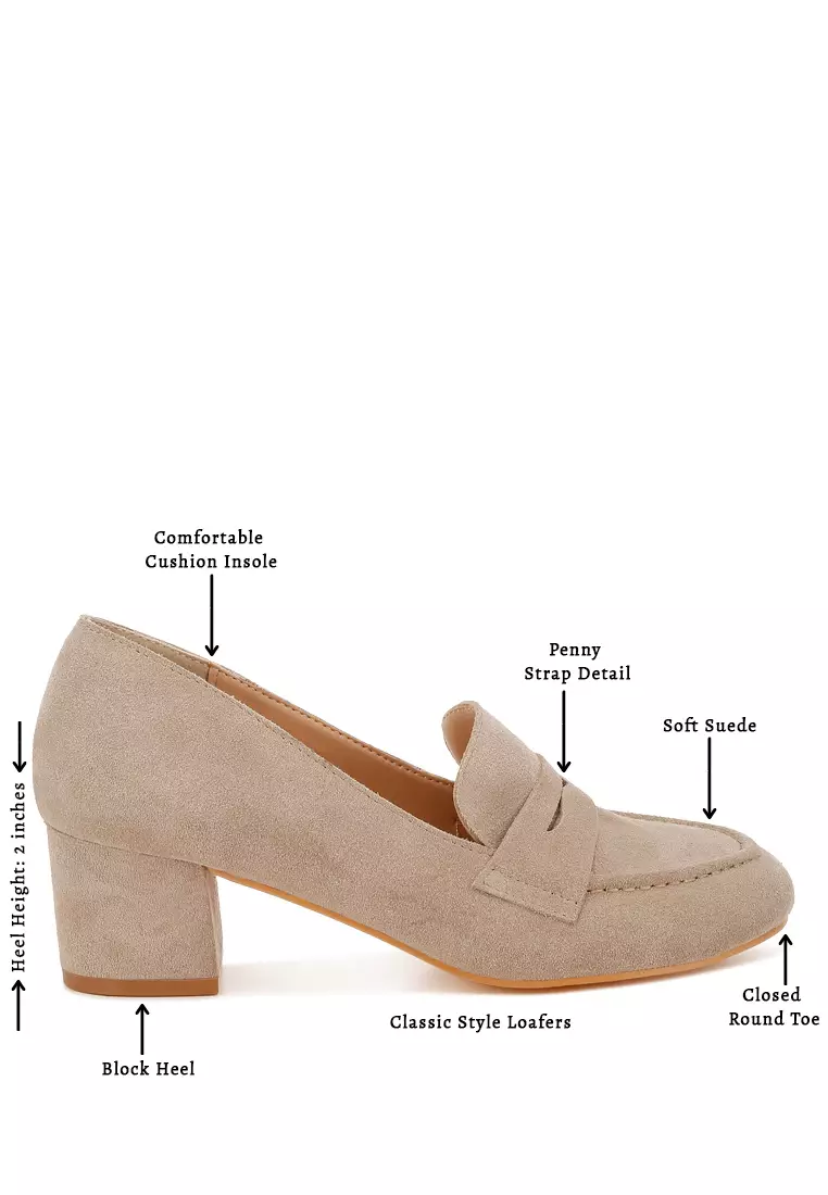 Sepatu Loafer Suede Hak Blok Warna Pasir