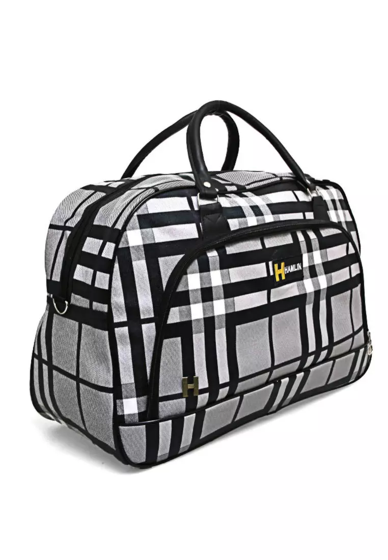 Semply Tas Travel Jinjing Bag 20 Inch Grid Motif Large Compartment Material Leather Kulit ORIGINAL - Black Grey