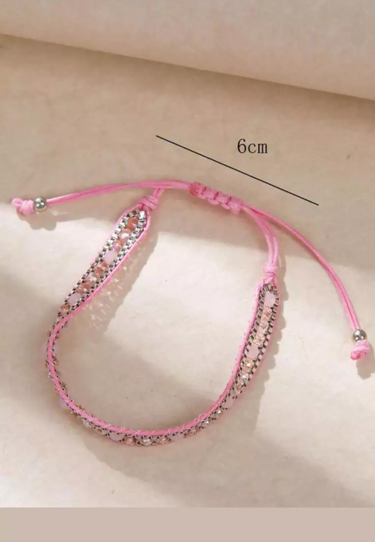Aksesoris Gelang Wanita Crystals Beads Embellish Macrame Bracelet Pink
