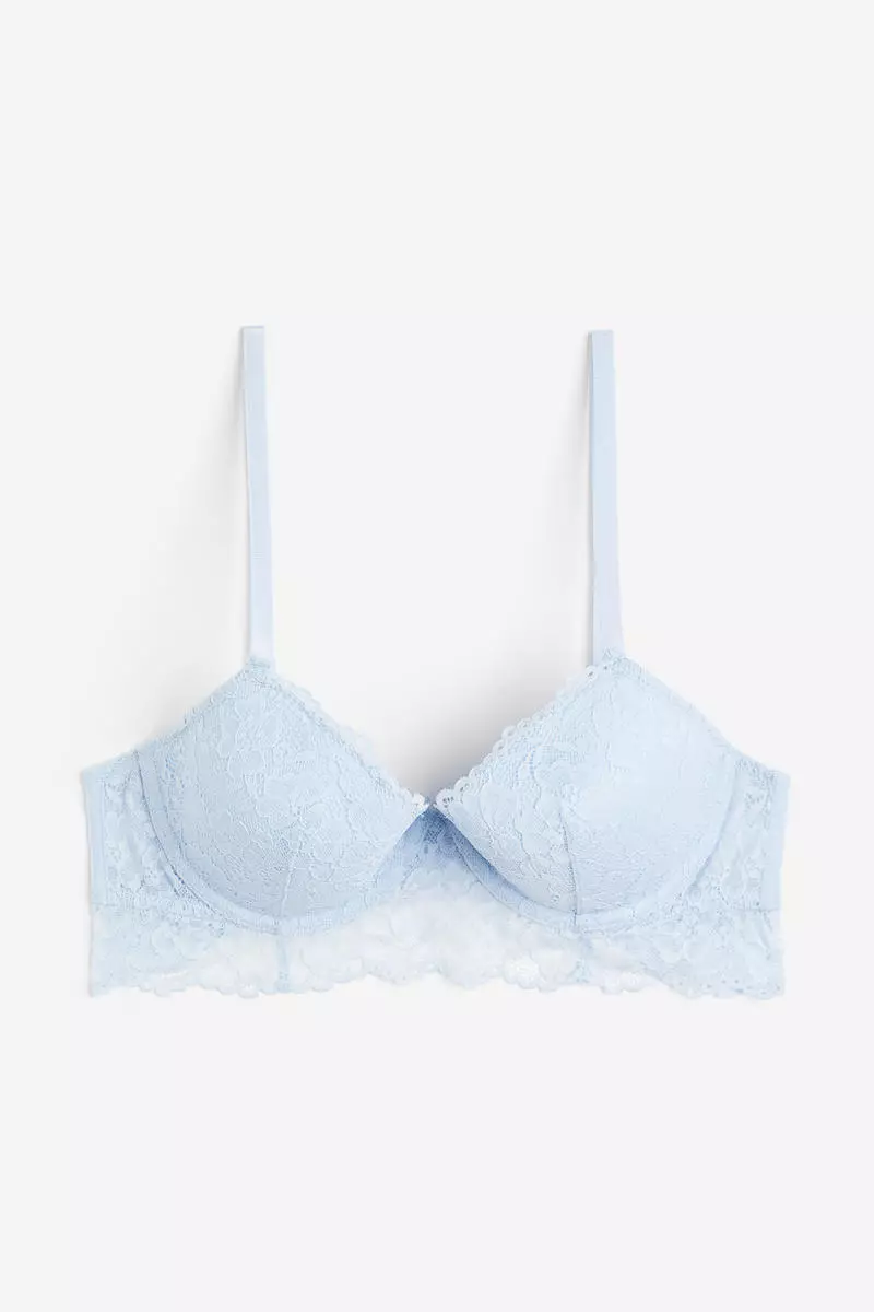 Pale Blue Floral Lace Hook and Eye Strappy Bra