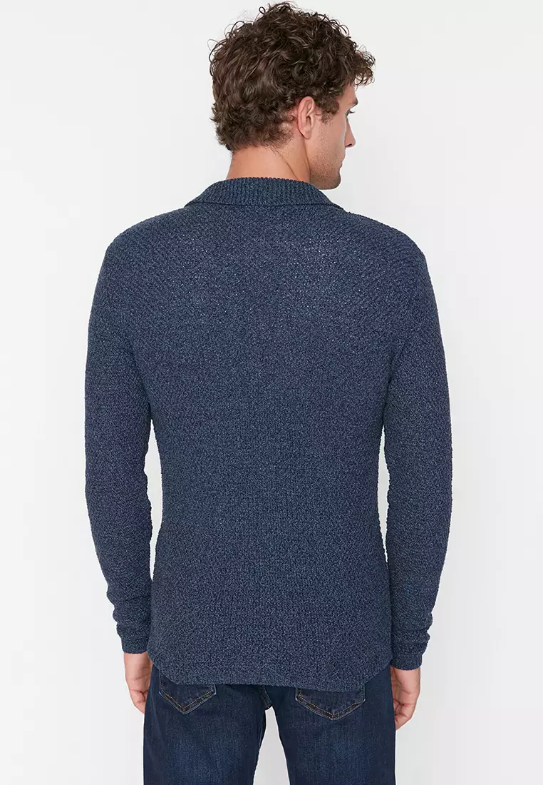 Slim Fit Jacket Collar Textured Pocket Knitwear Cardigan