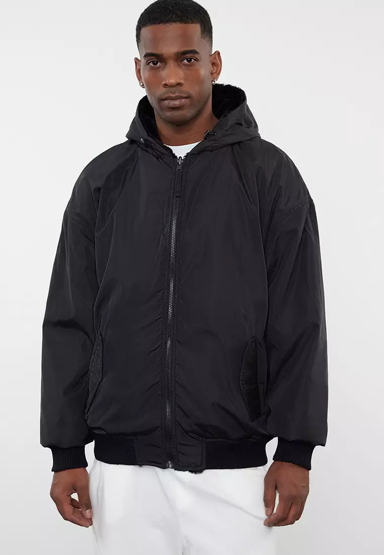 Unisex Black Plush Double-Sided Hooded Winter Coat TMNAW25MO00012