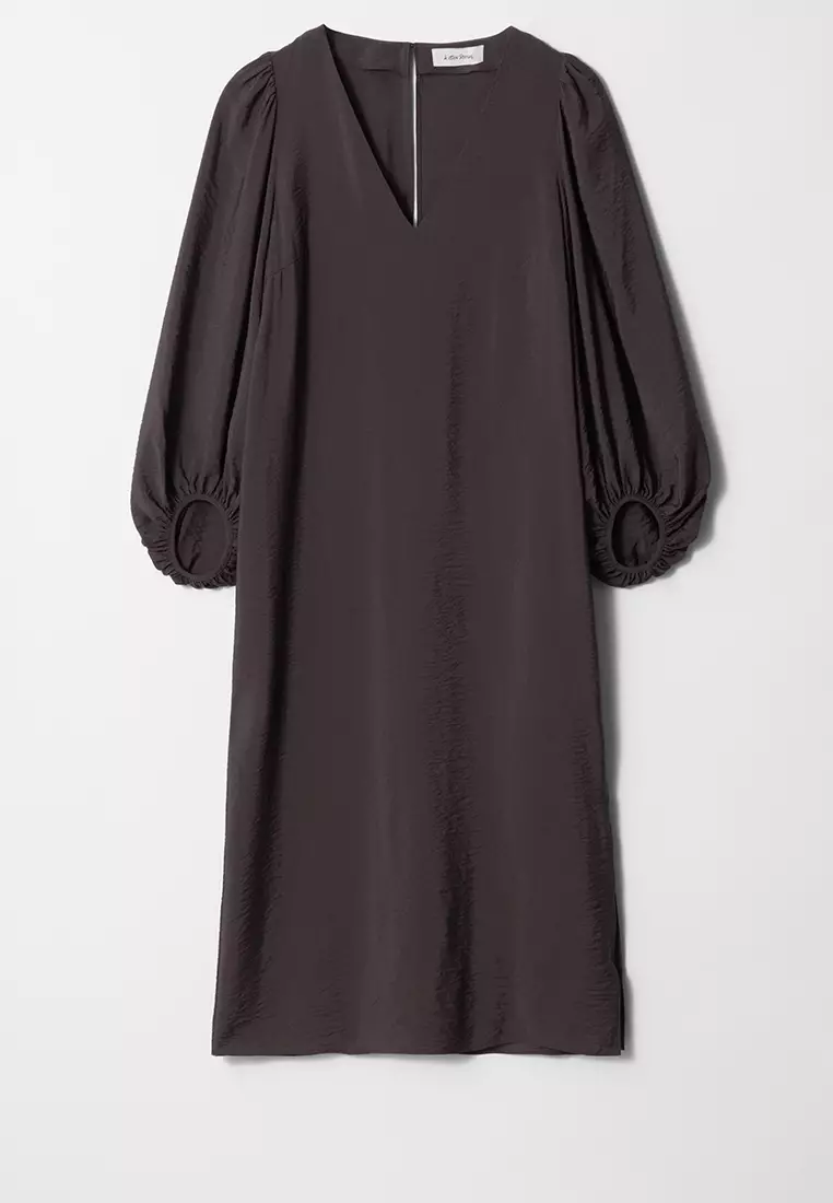 Puff-Sleeve V-Neck Midi Dress