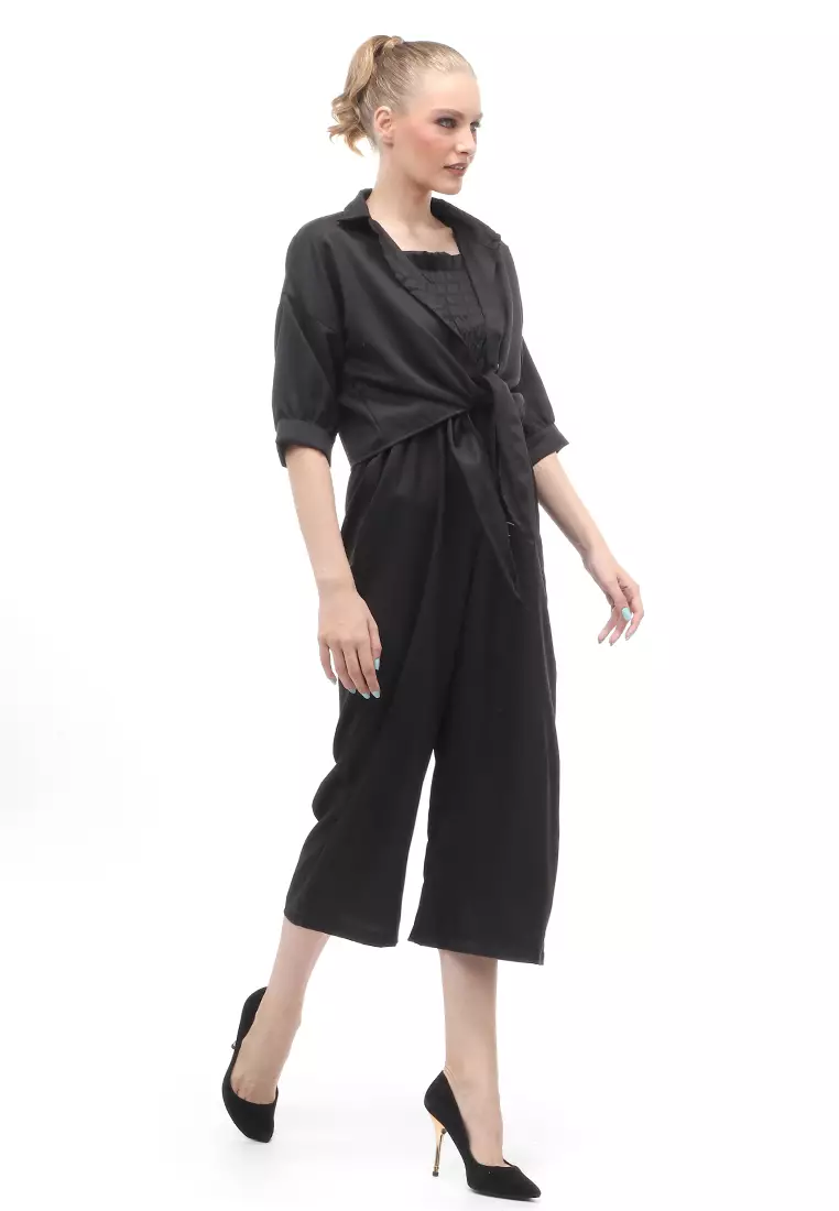 Jumpsuit Wanita Casual Motif Solid Setelan Relaxed Fit - Hitam