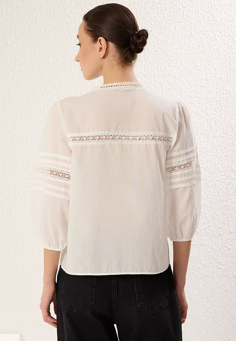 Cotton V-Neck 3/4 Sleeves Openwork Blouse