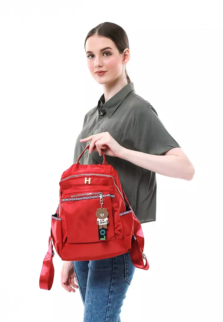 Cellyn Tas Ransel Wanita Desain List Batik Large Compartment Material Nylon ORIGINAL - Red