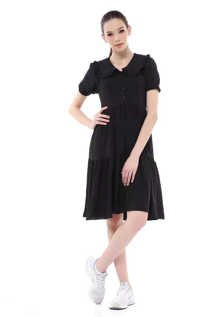 Rachel Dress Rample Wanita Collar Vintage Button Layer Trap Lengan Pendek Material Cey Flow ORIGINAL - Black