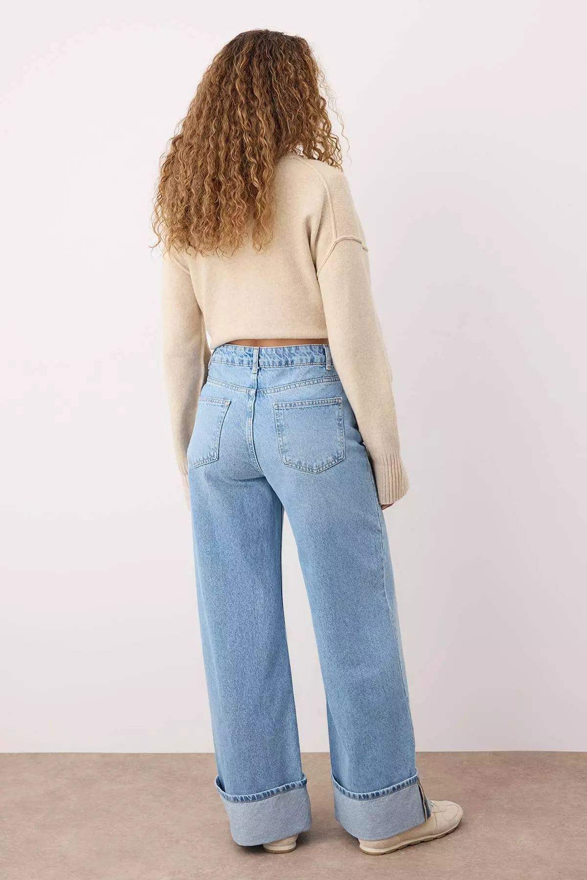 Blue Folded Leg Regular Waist Wide Leg Jeans
