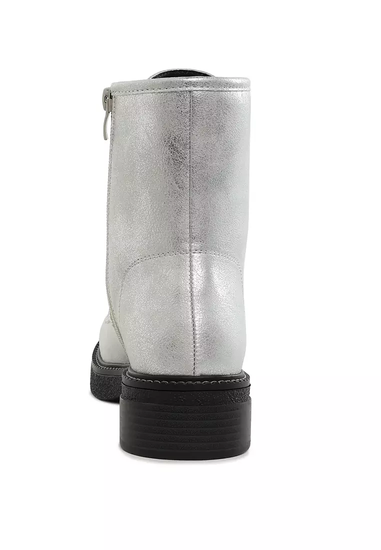 Metallic Texture Lace Up Boots in Silver