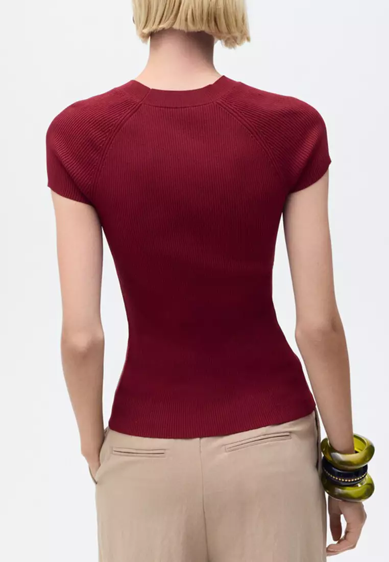 Ribbed-Knit Short-Sleeved Sweater