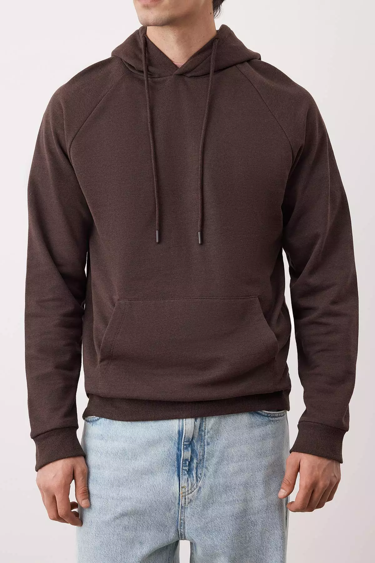 Dark Brown Regular Cut Hooded Fleece Inside Warm Sweatshirt