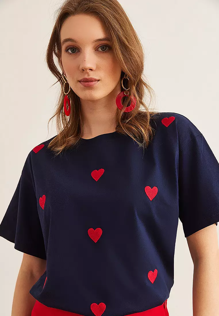 Heart Embroidered Cotton Regular Fit T-Shirt