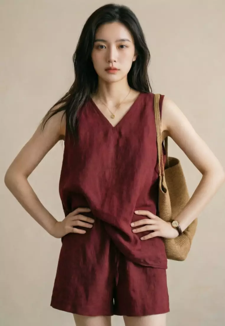 Korean-style Relaxed Linen Tank Top & Shorts Set CA26041054RD