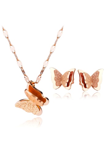 YOUNIQ YOUNIQ SOVIL Butterfly 18K Rosegold Titanium Steel Necklace & Earrings Set 7E4BAAC994BBD5GS_1