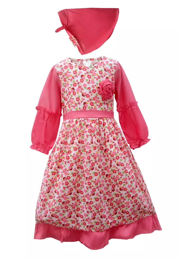 Two Mix Baju Anak Muslim Perempuan - Gamis Anak Bahan Katun motif Bunga 4148