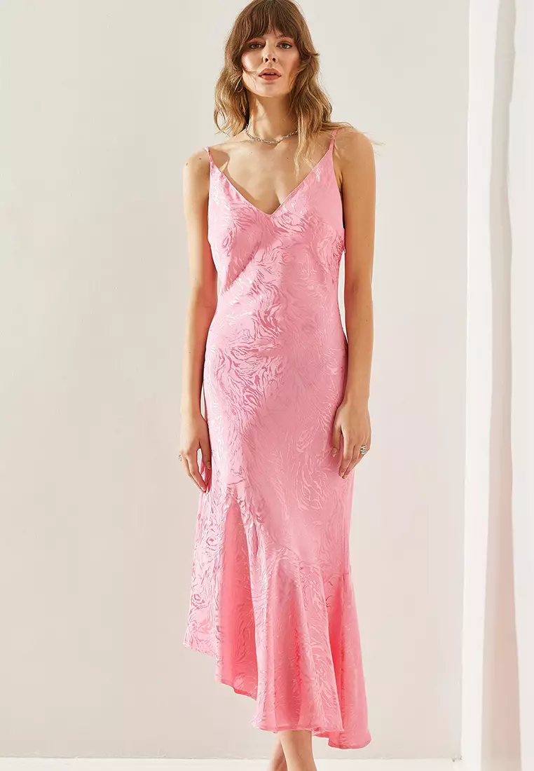 Women's Rope Strap Satin Jacquard Asymmetrical Hem Midi Dress 60251227