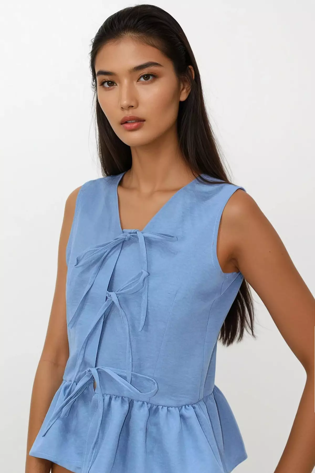 Women's Aviator Blue V-Neck Bow Detailed Flounce Skirt Aerobin Blouse Alc-X14179