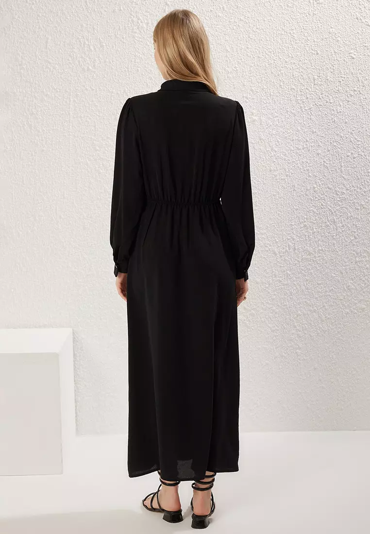 Black Shirt Collar Waist-Sit Woven Dress Tctss25Eb00057