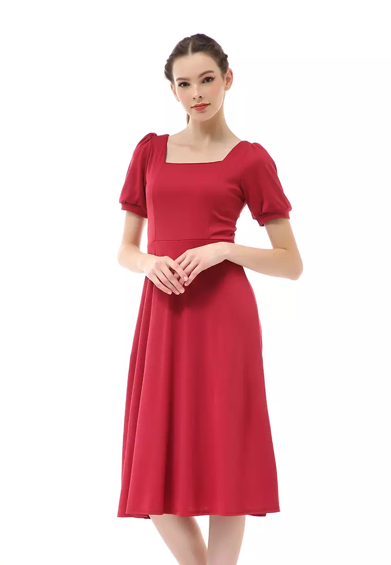 Rachel Long Dress Wanita Lengan Pendek Motif Polos Material Cotton ORIGINAL - Red