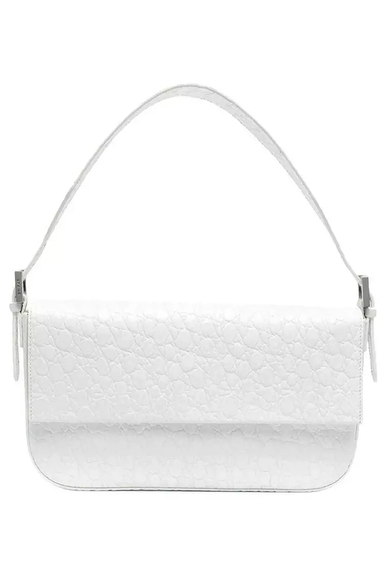 By Far Manu Circular Croco Embossed Leather Shoulder Bag in Pure White