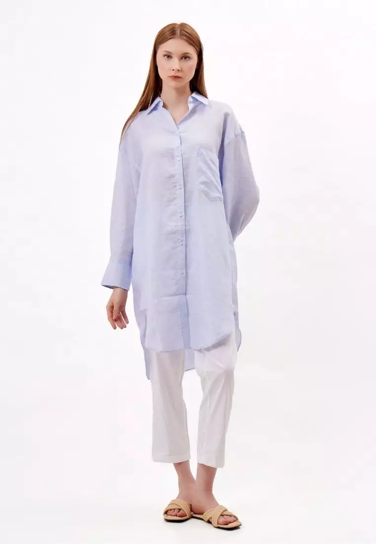 Side Kemeja Linen Oversize Lengan Panjang Wanita Biru | Oversize Linen  Long Sleeve Shirt Women Blue