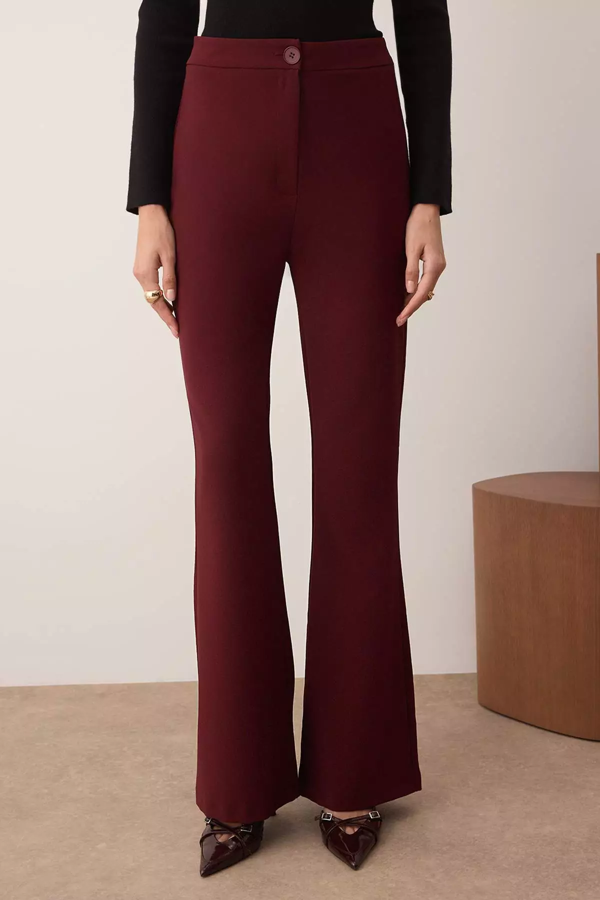 Burgundy Flare Bell-Bottom Woven Trousers Tofaw19Bb0581