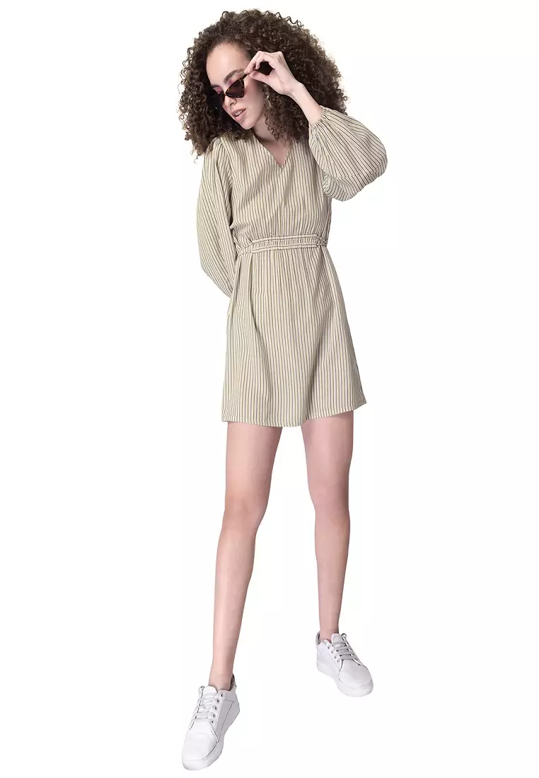 Beige Striped Ruched Self Tie Dress