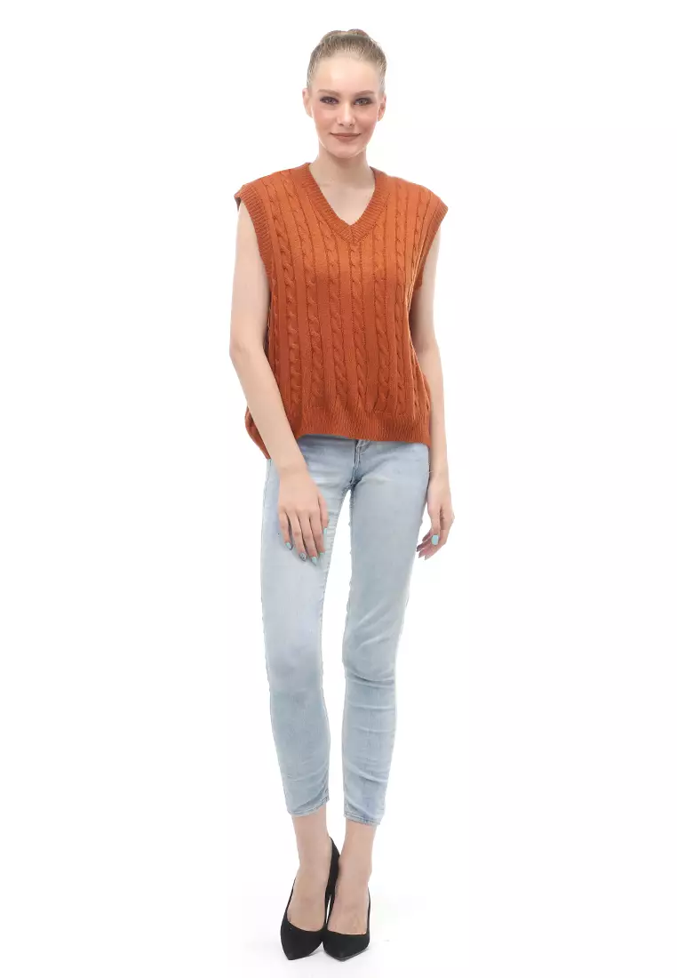 Urice Vest Rajut Atasan Wanita V-neck Sleeves Design Elegant - Coral