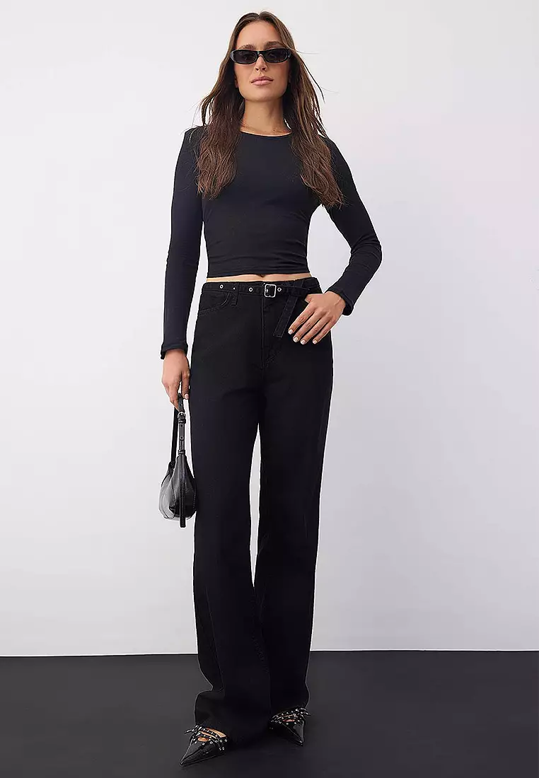 High Waist Eyelet Detail Belted Wide Leg Palazzo Jeans