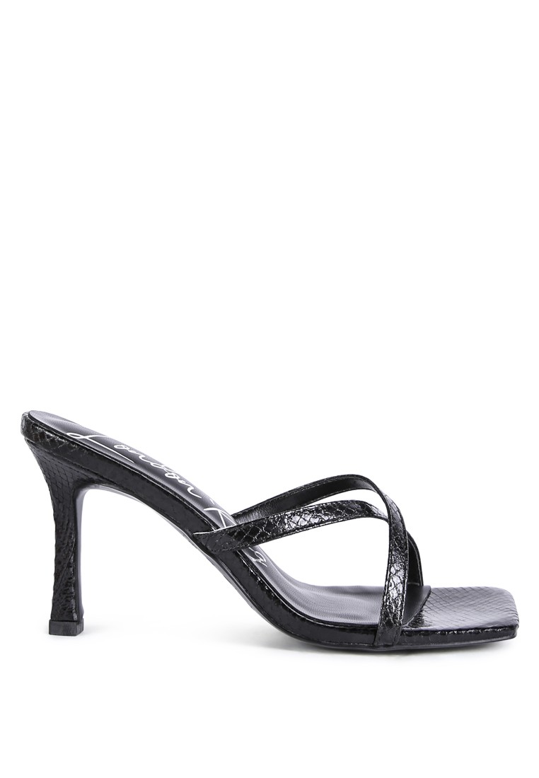 Black Croc Cross Strap Slider Sandals