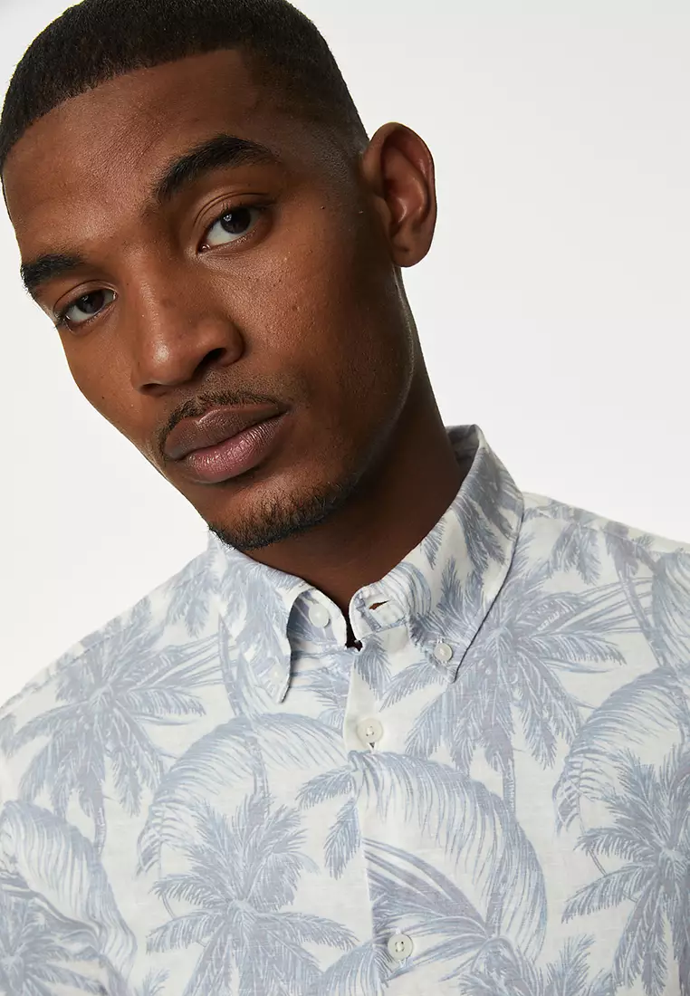 Easy Iron Cotton Linen Blend Print Shirt