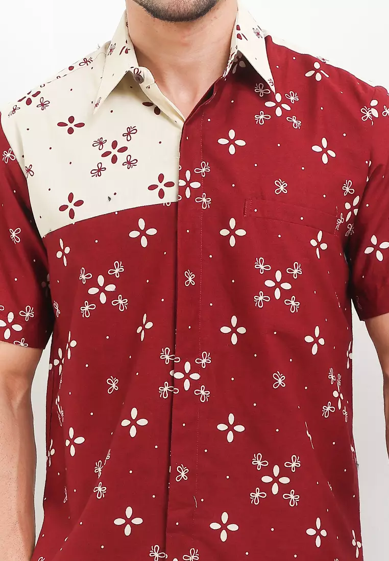 Hem Kemeja Pria Lengan Pendek Batik Furing Atreeya Natal Imlek Merah Maroon